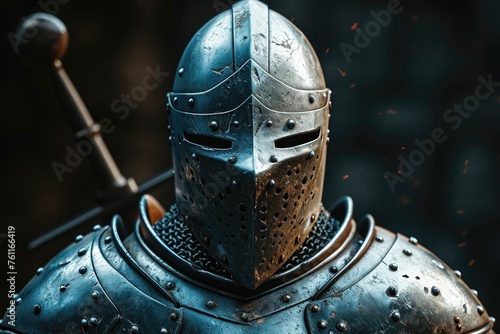 A close up photograph capturing the details of a knight as he holds a sword, A stylised armoured knight representing cybersecurity, AI Generated