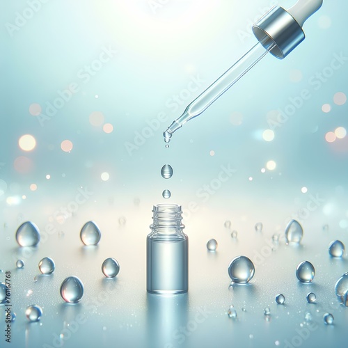  Clear liquid droplets falling from a dropper that can be used for cosmetic and medical images.