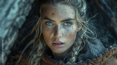 A young brave Viking heroine on the battlefield after the battle.