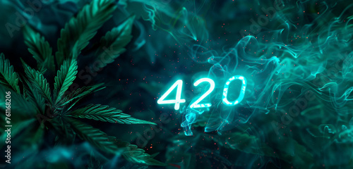 The neon cyan number 420 shines with laser light effects on a smokey background with cannabis leaf.