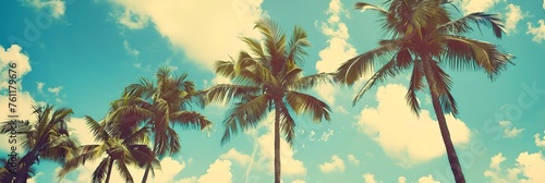 Palm trees against a sky. Retro, vintage style shot. Summer vacation and travel concept. Design for banner, header. Panoramic view