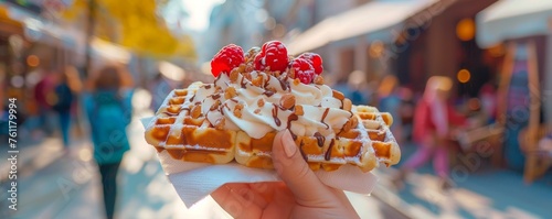 A young person is holding an amazing tasty waffle with whipped cream and raspberries, the city street in the background.
