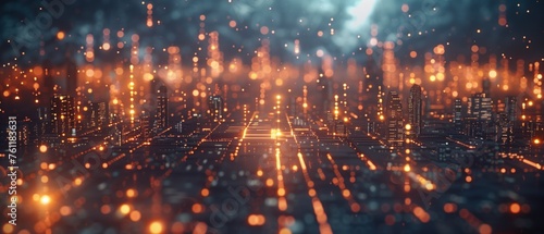 Glowing Circuit Cityscape, an urban skyline, where the city and its myriad connections are visualized as a glowing circuit board, symbolizing the interconnectivity of modern technology and urban life.