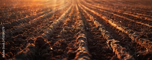 A view of a plowed field at sunset. Agricultural concept.