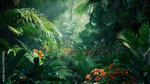 A tropical rainforest with vibrant green foliage and exotic flowers