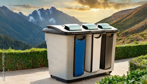 garbage bin in the park.a high-capacity Eko dust bin with a dual-compartment design for sorting recyclables and general waste. The composition should feature separate color-coded compartments with rem
