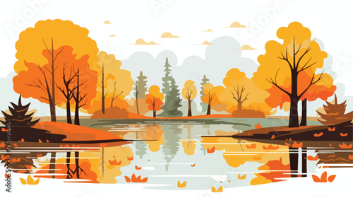 Autumn landscape forest orange tree lake .. flat vector