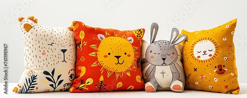 lion bunny, rabbit and sun cartoon drawing animal characters print pattern on plushie pillow or kids bedroom cushion decoration isolated on white png background cutout, Generative AI