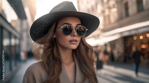 portrait of young woman wearing sunglasses and bowler hat on blur background