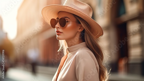 portrait of young woman wearing sunglasses and bowler hat on blur background
