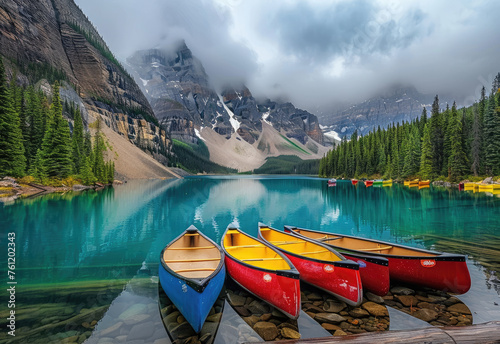 A picturesque scene of the iconic Moraine Lake in Canada, surrounded by towering mountains and lush forests. Colorful canoes line up at the dock on the lake's edge, reflecting the water’s blue hues