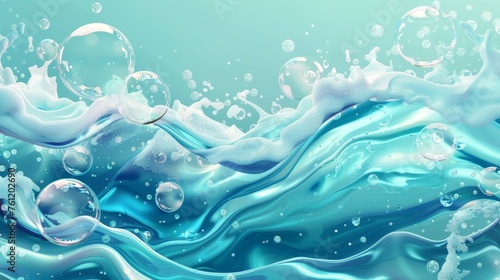 Waves and swirls of liquid underwater with bubbles. Vortex with washing machine detergent or soap foam balls spinning in the air. Realistic modern set of underwater spinning whirlwinds with shampoo