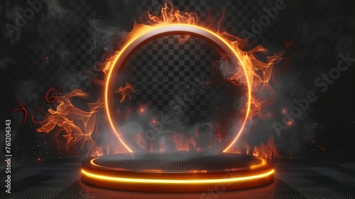 An alien space platform on a futuristic podium with orange light portal effect, isolated on transparent background. Modern representation of a sci-fi game teleport with hot smoke, shimmering