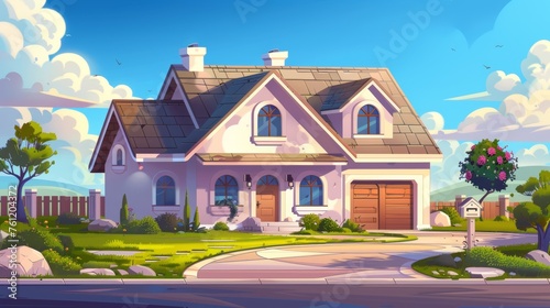 A suburban and village private house with windows and doors, a roof with chimney and garage. Cartoon modern illustration set showing the front view of a large family home.