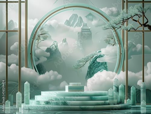 Various green jade column podium with Chinese land scape painting in Chinese interior studio scene, for advertising poster, product display scene and product presentation. 