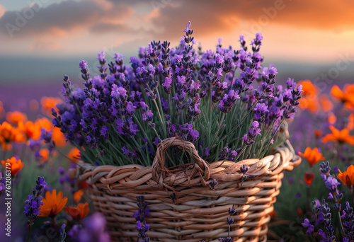Basket with lavender in the sunset