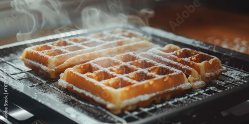 Freshly Baked Belgian Waffles close-up. Golden Belgian waffles sizzle in electric waffle maker iron, delicious breakfast.