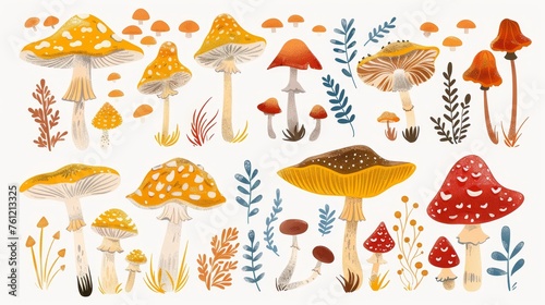 Forest fungi illustration. Autumn fall fungus, edible boletus, eryngi and amanita, caps and stalks. Modern illustration, flat modern illustration.