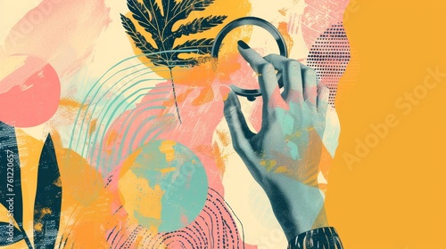 An illustration with hands and a graphic. This is a halftone collage in bright colors, with a hand holding a magnifying glass and a circular diagram on a yellow background.