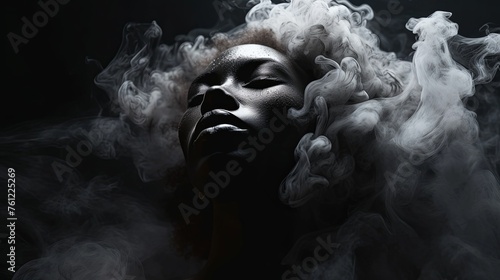 Black woman alone in the dark, solitude, war, depression, smoke, black background.