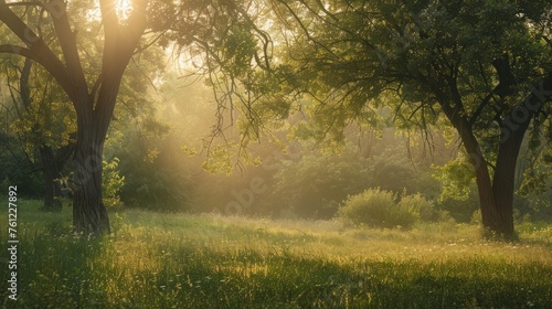 A serene landscape of a food forest at sunrise, with soft golden light filtering through the trees,