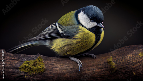 Parus major, Great tit perched on a tree branch, natural environment, blurred background. Generative AI