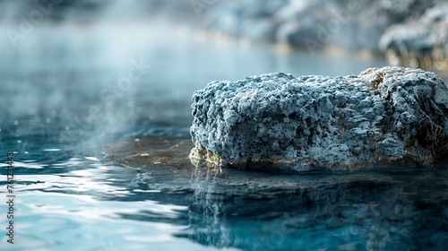 Detailed view of a cobalt blue hot spring with a large rock in the center.