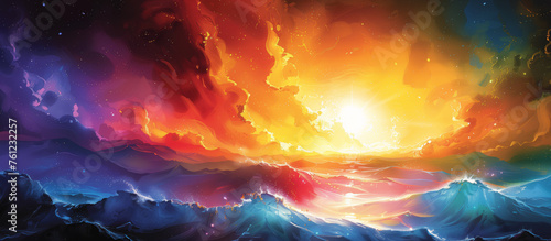 Vivid illustration of Earth's creation, a dynamic blend of celestial colors and radiant light evoking the Genesis narrative.
