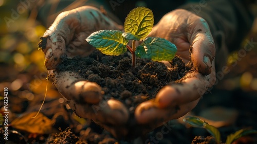 Saplings are held in soil by hands