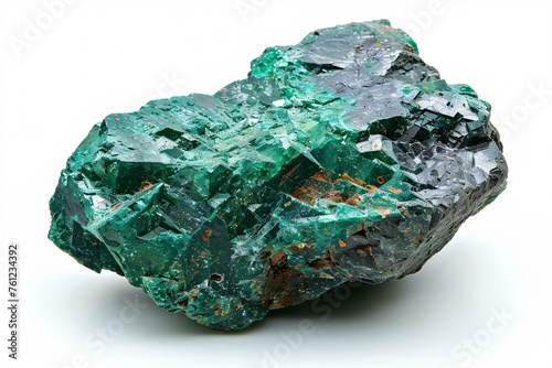 A green mineral from a copper deposit in Chile on a white surface.