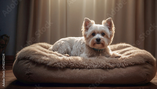 A cute lap dog lies on a soft dog bed.