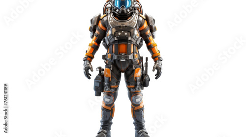 An orange and black robot is standing confidently on a white background