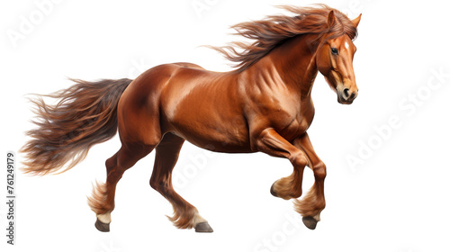 A majestic brown horse is energetically galloping on its hind legs