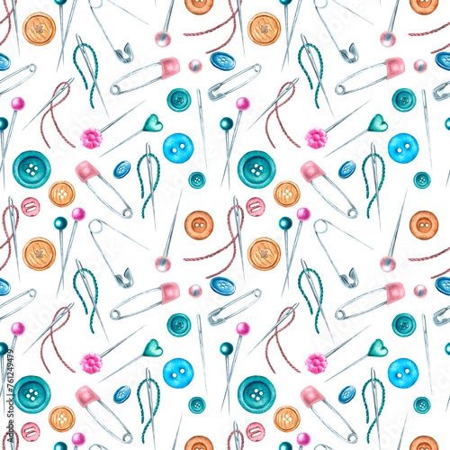 Watercolor hand drawn seamless pattern of buttons, needles and threads, different sewing pins ball-point, flat plastic head and safety pin. For prints, postcards, pattern, wrapping paper or wallpaper.