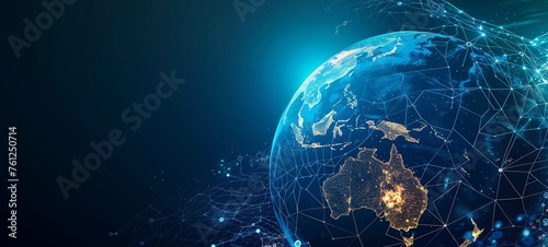 Digital global network concept featuring a glowing Earth with interconnected lines and dots. Signifying major cities or points of connectivity against a dark backdrop.