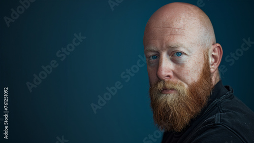 A man with a beard and a bald head is looking at the camera. The image has a moody and serious tone. a bald guy with a blond beard, dressed with a black sweat in a blue background