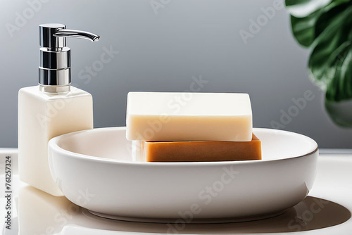 A soap is placed on a ceramic soap dish, against a clean bathroom background, with a white background