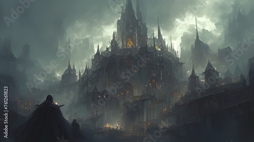A cloaked figure stands before a sprawling gothic citadel, rising dramatically from a dystopian landscape shrouded in fog and mystery.