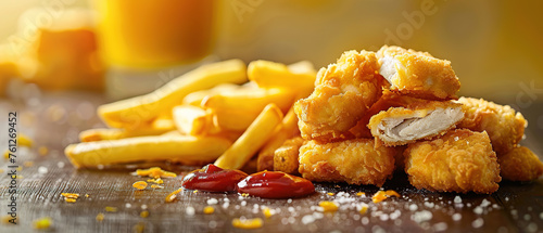 professional food photography: chicken nuggets with fries, soft pastel, lots of copy space