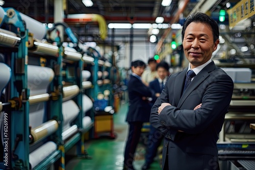 Asian male worker in suit smiling at camera, standing inside factory with workers wearing hard hats and work behind him. The background is full of printing machines and rolls of paper, creating an ind