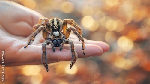 Hairy spider with distinctive eye pattern resting on a human hand against a soft bokeh backdrop