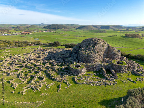 Aerial view with drone of the Nuragic archaeological complex of Su Nuraxi di Barumini. The Bronze Age fort, a UNESCO World Heritage Site. Barumini, Sardinia, Italy