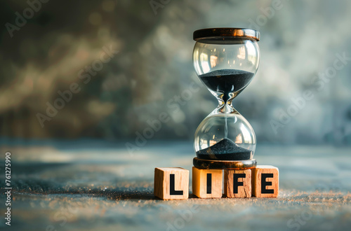 Hourglass with sand running through and wood blocks spelling LIFE. Concept of time passing.