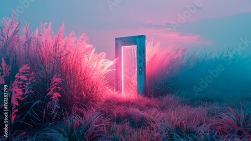 Neon pink door to nowhere out in the field 