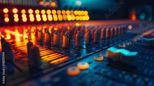 Audio mixing console. Contemporary control desk in a music recording studio illuminated with neon colors for music and sound recording