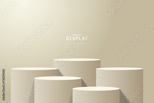 Empty cream clean room with set of five steps 3D cylinder podium pedestal or product display stand. 3D vector geometric platform design. Minimal wall scene for mockup. stage for product presentation.
