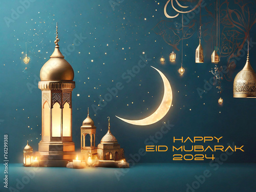 islamic greeting eid mubarak card design with lantern, masque and crescent moon, generative ai