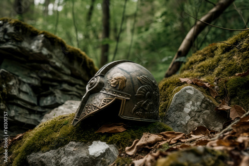 Exploring the Norwegian Wilderness: Viking Helmet in a Forest Adventure