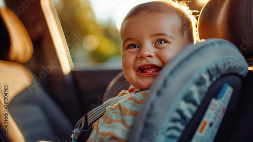 un bébé souriant installé dans un siège auto et attaché à l'arrière d'une voiture