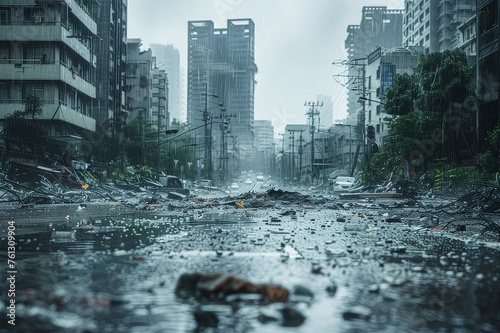 A city destroyed by a natural disaster. Pathogenesis destruction and severe flooding, water spill concept